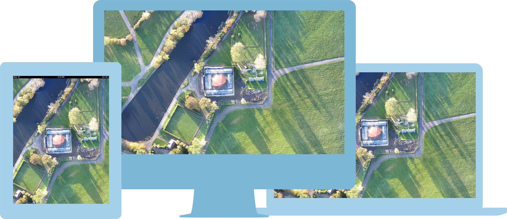 DroneLab devices and tablet showing aerial survey mapping software interface